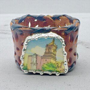 San Antonio Misión Church Broken China W Silver-Blend Metalwork & Leather Cuff